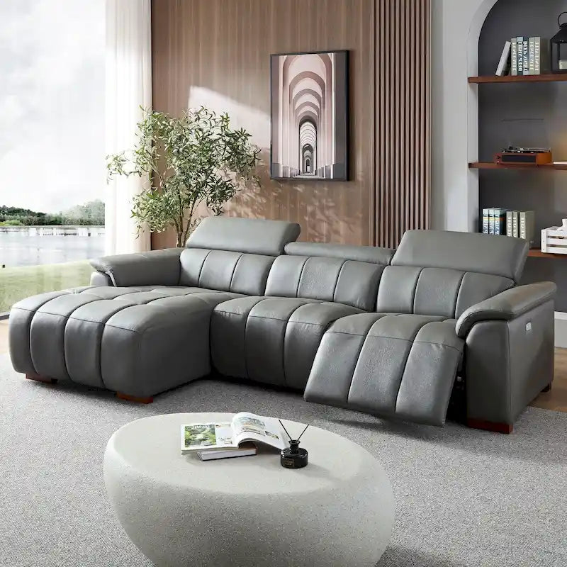 Canapé inclinable mural avec commande électrique, cuir véritable et port USB