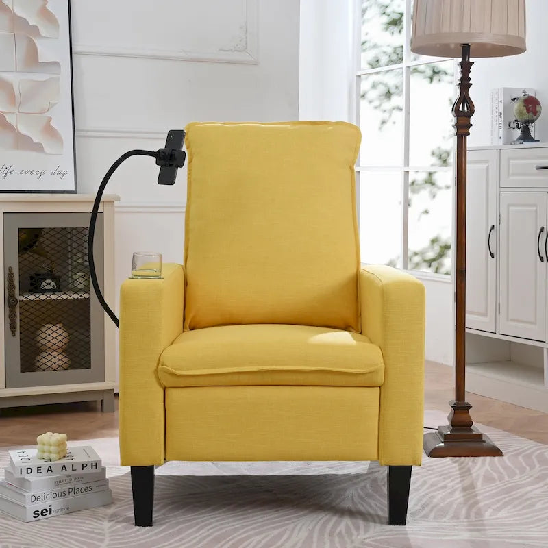 Fauteuil inclinable manuel en tissu moderne avec support de téléphone, porte-gobelet et repose-pieds