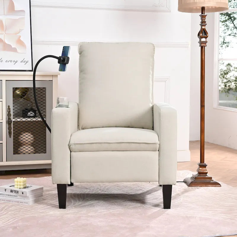 Fauteuil inclinable manuel en tissu moderne avec support de téléphone, porte-gobelet et repose-pieds