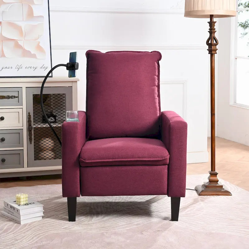 Fauteuil inclinable manuel en tissu moderne avec support de téléphone, porte-gobelet et repose-pieds