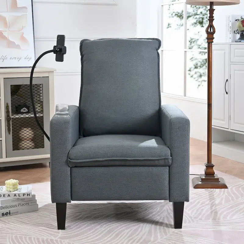 Fauteuil inclinable manuel en tissu moderne avec support de téléphone, porte-gobelet et repose-pieds
