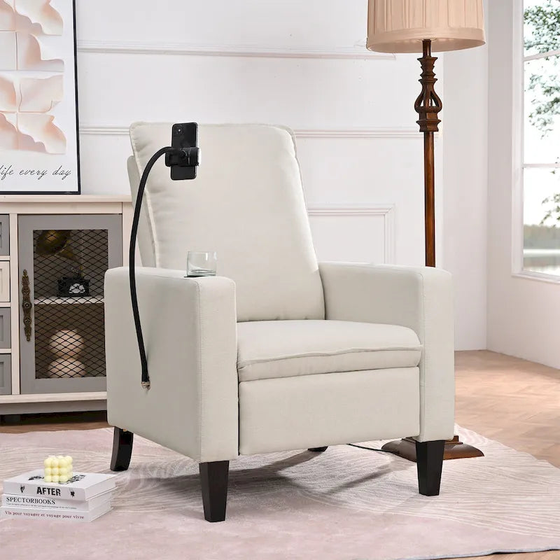 Fauteuil inclinable manuel en tissu moderne avec support de téléphone, porte-gobelet et repose-pieds
