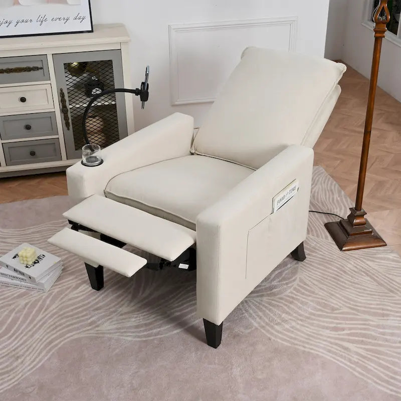 Fauteuil inclinable manuel en tissu moderne avec support de téléphone, porte-gobelet et repose-pieds