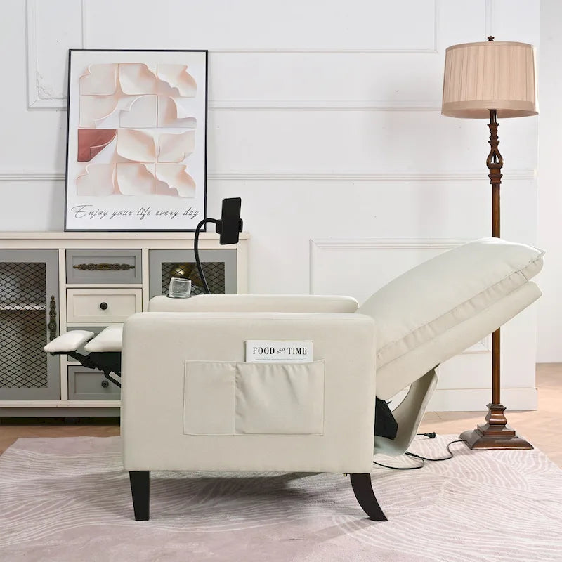 Fauteuil inclinable manuel en tissu moderne avec support de téléphone, porte-gobelet et repose-pieds