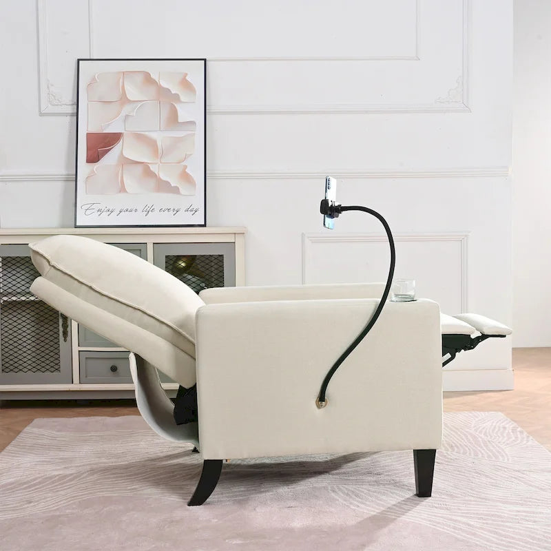 Fauteuil inclinable manuel en tissu moderne avec support de téléphone, porte-gobelet et repose-pieds