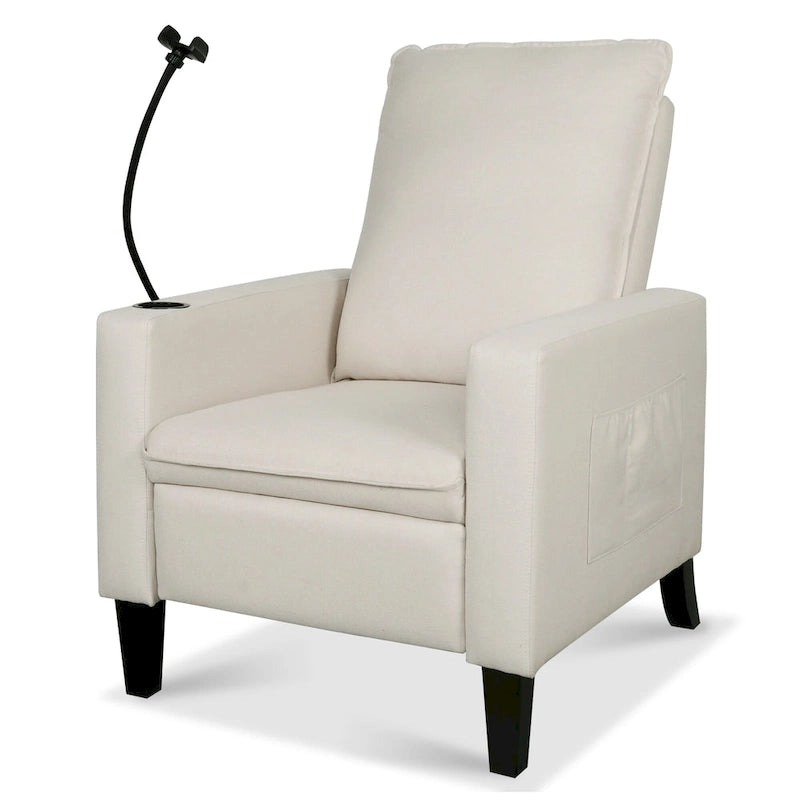 Fauteuil inclinable manuel en tissu moderne avec support de téléphone, porte-gobelet et repose-pieds