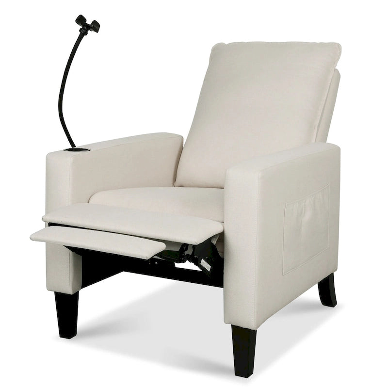 Fauteuil inclinable manuel en tissu moderne avec support de téléphone, porte-gobelet et repose-pieds