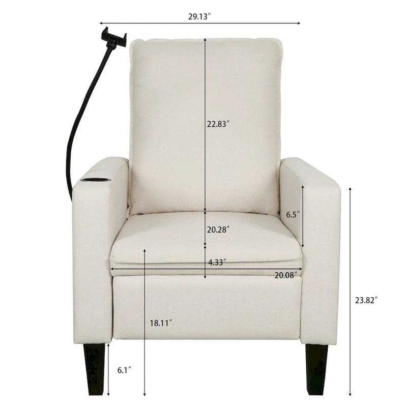Fauteuil inclinable manuel en tissu moderne avec support de téléphone, porte-gobelet et repose-pieds