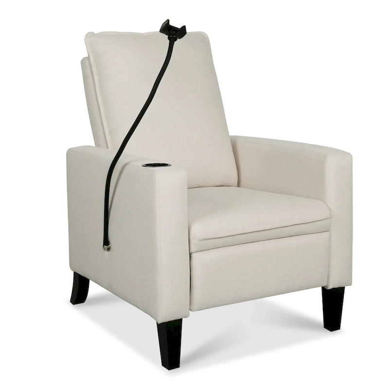 Fauteuil inclinable manuel en tissu moderne avec support de téléphone, porte-gobelet et repose-pieds