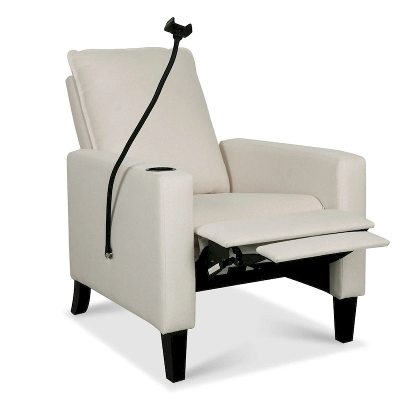 Fauteuil inclinable manuel en tissu moderne avec support de téléphone, porte-gobelet et repose-pieds