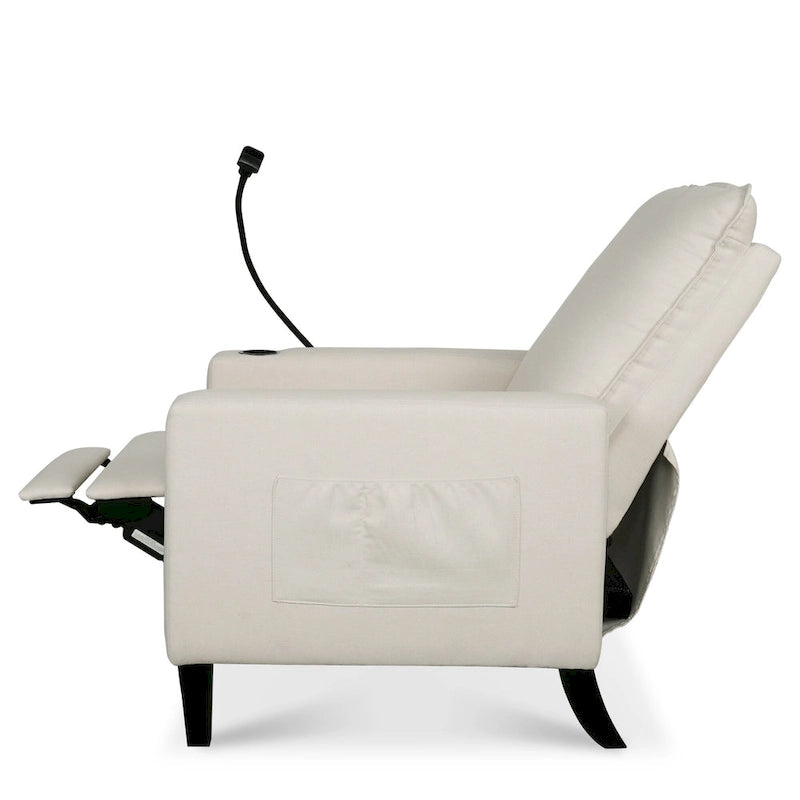Fauteuil inclinable manuel en tissu moderne avec support de téléphone, porte-gobelet et repose-pieds