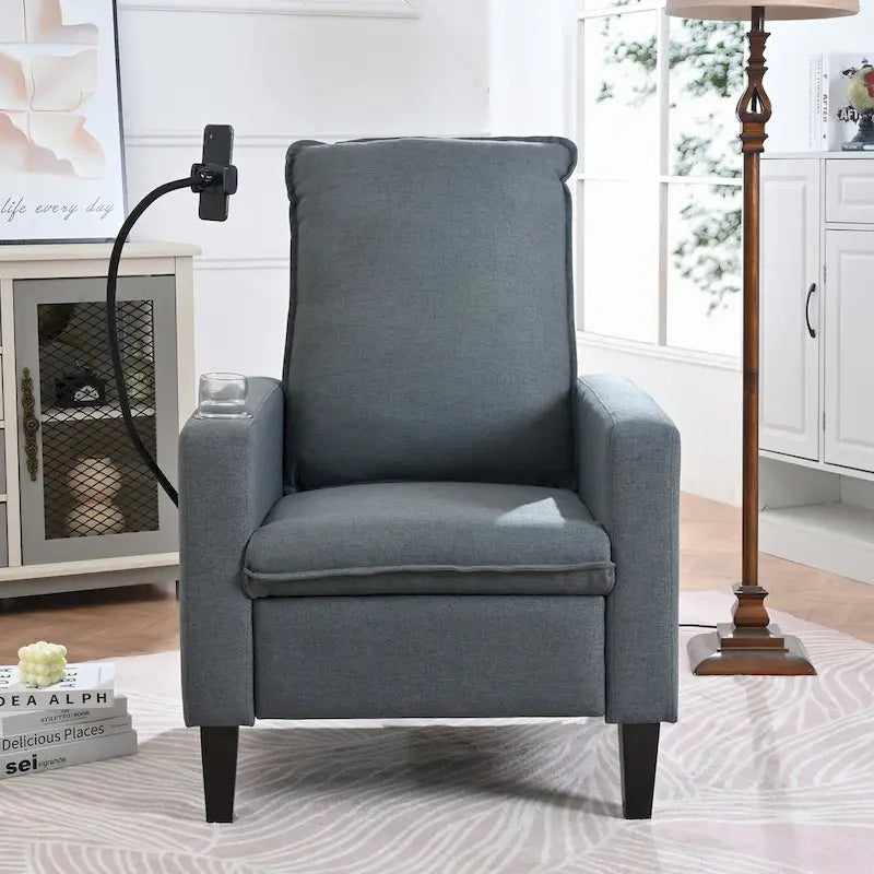 Fauteuil inclinable manuel en tissu moderne avec support de téléphone, porte-gobelet et repose-pieds