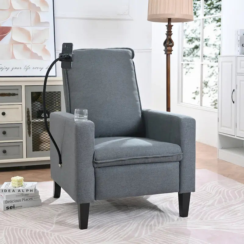 Fauteuil inclinable manuel en tissu moderne avec support de téléphone, porte-gobelet et repose-pieds