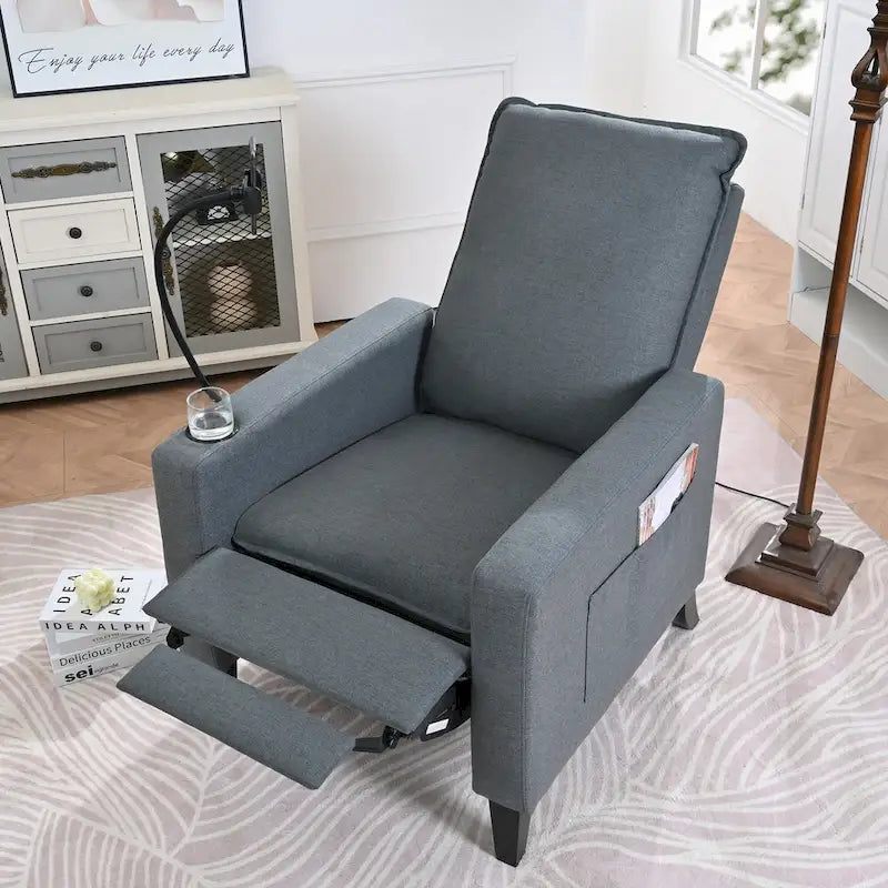 Fauteuil inclinable manuel en tissu moderne avec support de téléphone, porte-gobelet et repose-pieds