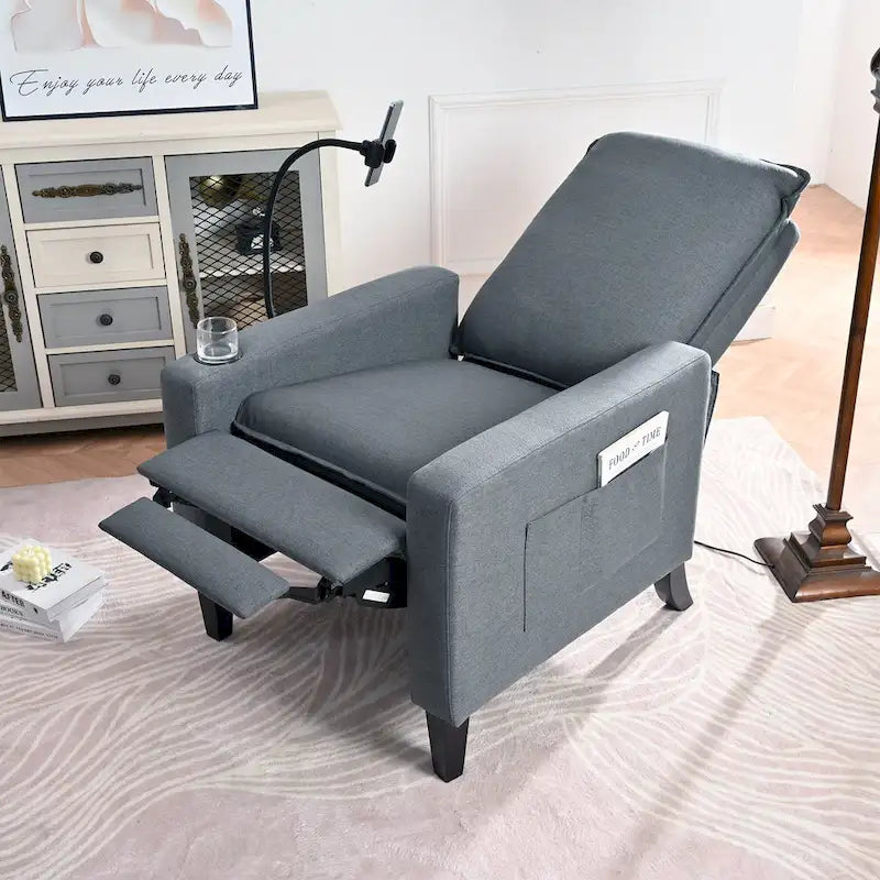 Fauteuil inclinable manuel en tissu moderne avec support de téléphone, porte-gobelet et repose-pieds