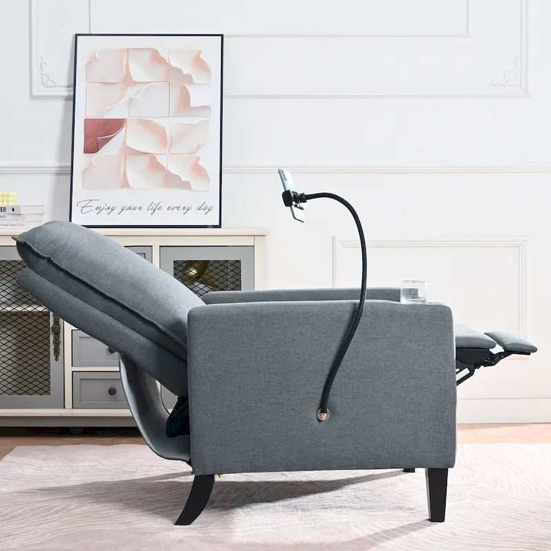 Fauteuil inclinable manuel en tissu moderne avec support de téléphone, porte-gobelet et repose-pieds