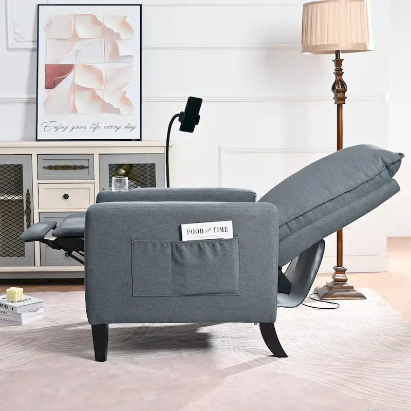 Fauteuil inclinable manuel en tissu moderne avec support de téléphone, porte-gobelet et repose-pieds