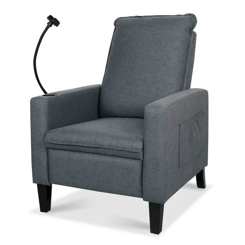 Fauteuil inclinable manuel en tissu moderne avec support de téléphone, porte-gobelet et repose-pieds
