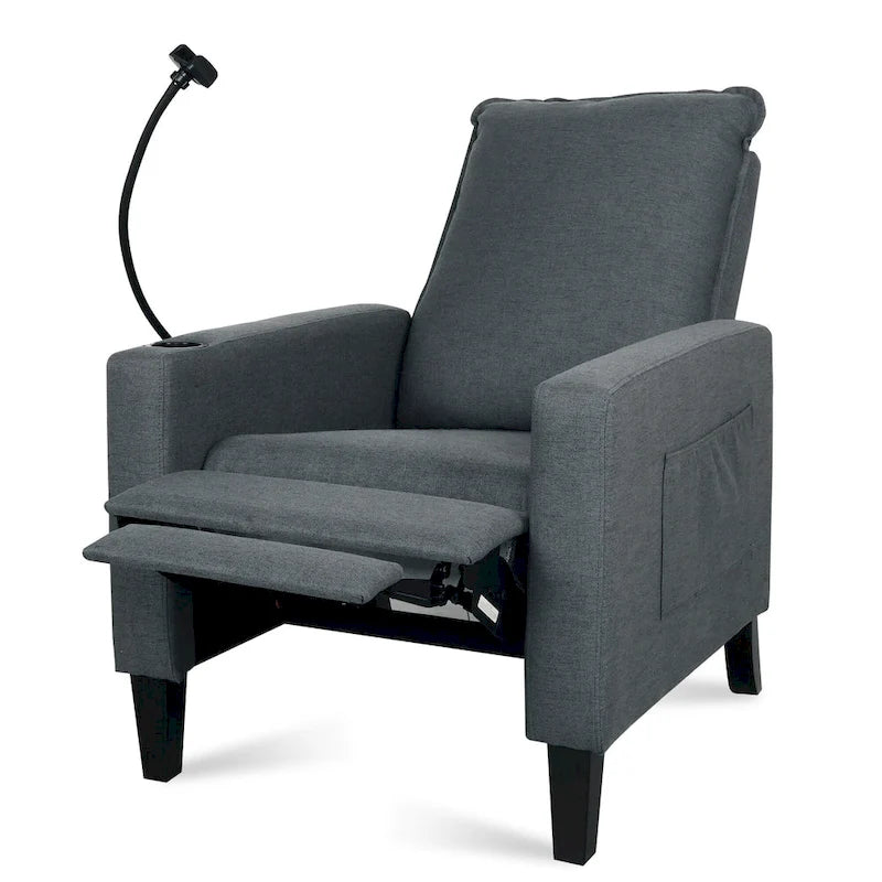 Fauteuil inclinable manuel en tissu moderne avec support de téléphone, porte-gobelet et repose-pieds