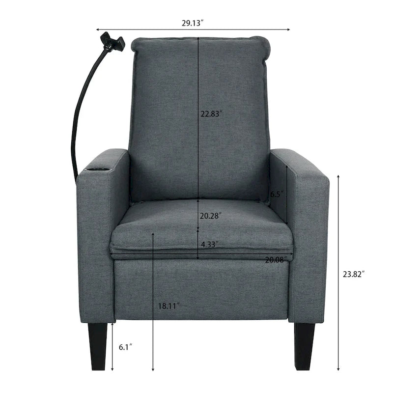 Fauteuil inclinable manuel en tissu moderne avec support de téléphone, porte-gobelet et repose-pieds