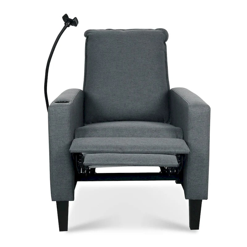 Fauteuil inclinable manuel en tissu moderne avec support de téléphone, porte-gobelet et repose-pieds