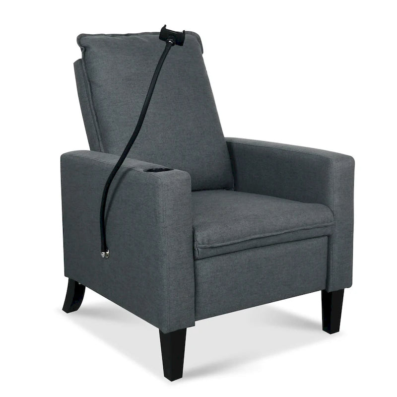 Fauteuil inclinable manuel en tissu moderne avec support de téléphone, porte-gobelet et repose-pieds