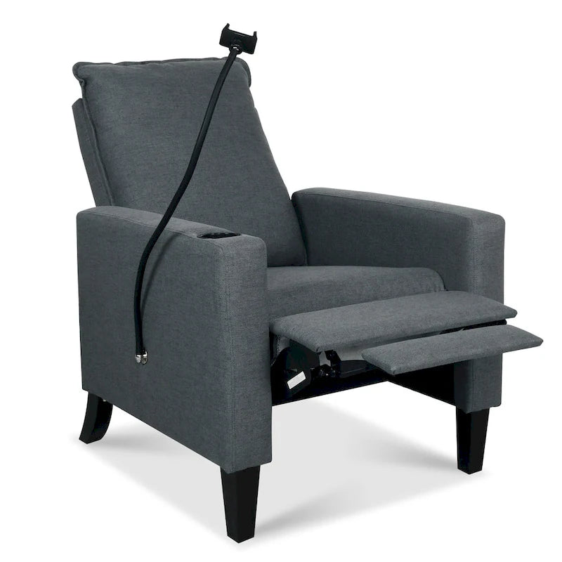 Fauteuil inclinable manuel en tissu moderne avec support de téléphone, porte-gobelet et repose-pieds