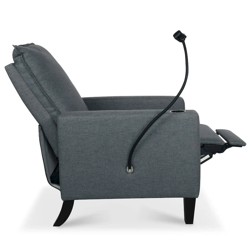 Fauteuil inclinable manuel en tissu moderne avec support de téléphone, porte-gobelet et repose-pieds