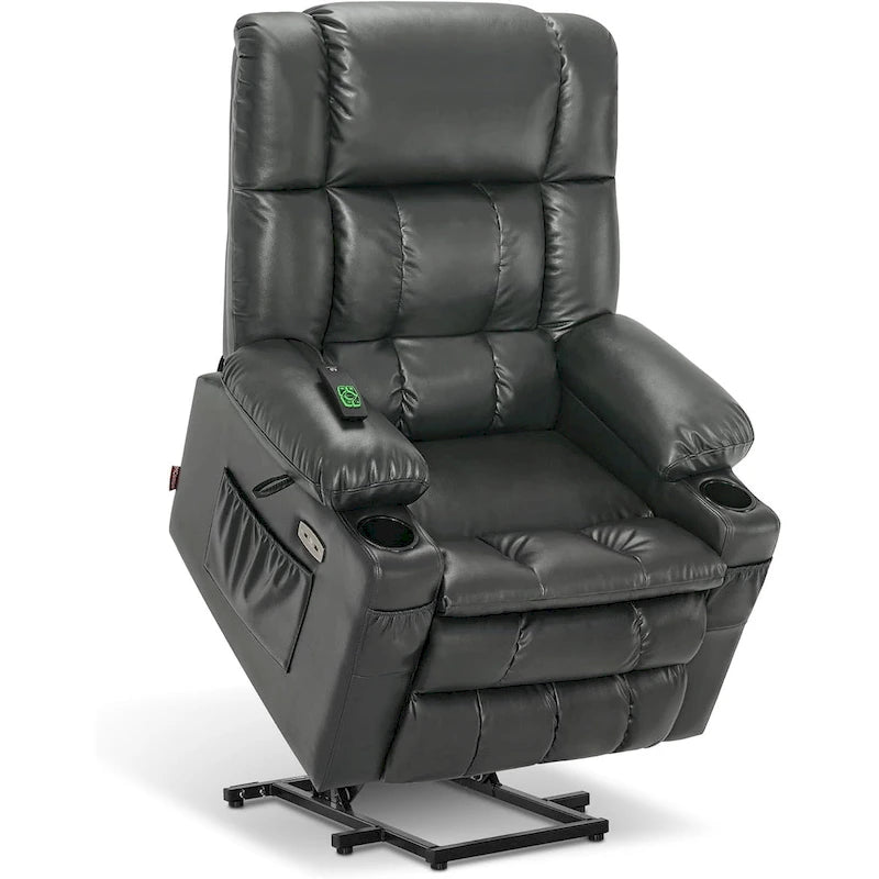 Grand fauteuil inclinable releveur électrique à deux moteurs avec massage et chaleur, en similicuir