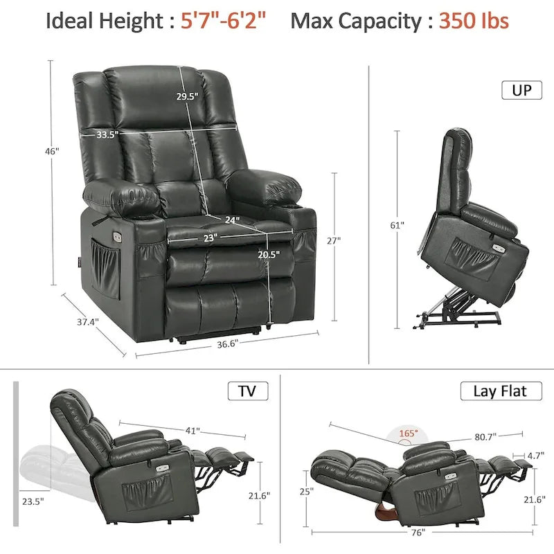 Grand fauteuil inclinable releveur électrique à deux moteurs avec massage et chaleur, en similicuir
