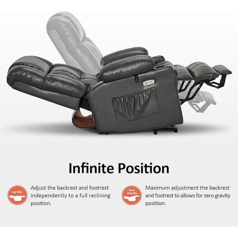 Grand fauteuil inclinable releveur électrique à deux moteurs avec massage et chaleur, en similicuir