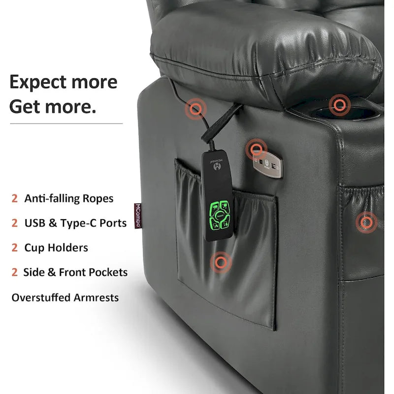 Grand fauteuil inclinable releveur électrique à deux moteurs avec massage et chaleur, en similicuir