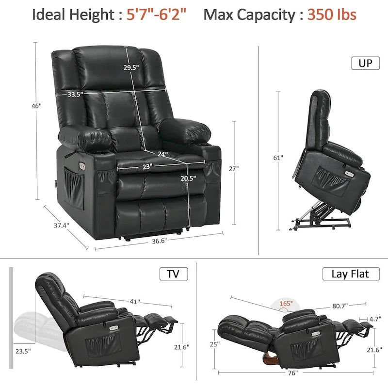 Grand fauteuil inclinable releveur électrique à deux moteurs avec massage et chaleur, en similicuir