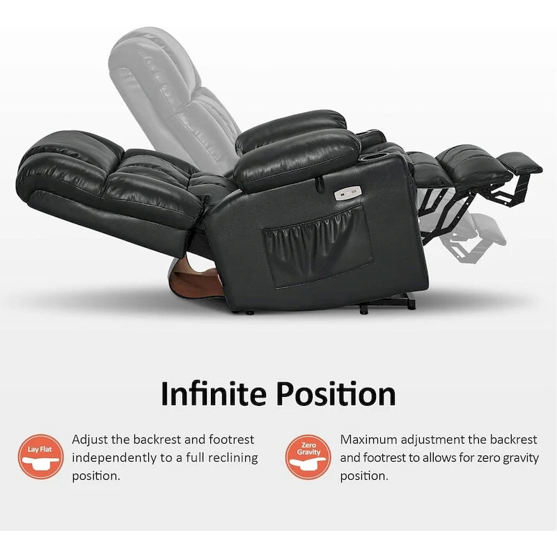 Grand fauteuil inclinable releveur électrique à deux moteurs avec massage et chaleur, en similicuir