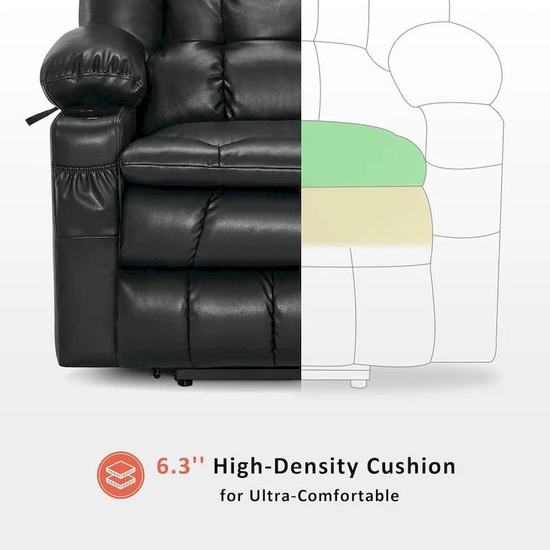 Grand fauteuil inclinable releveur électrique à deux moteurs avec massage et chaleur, en similicuir