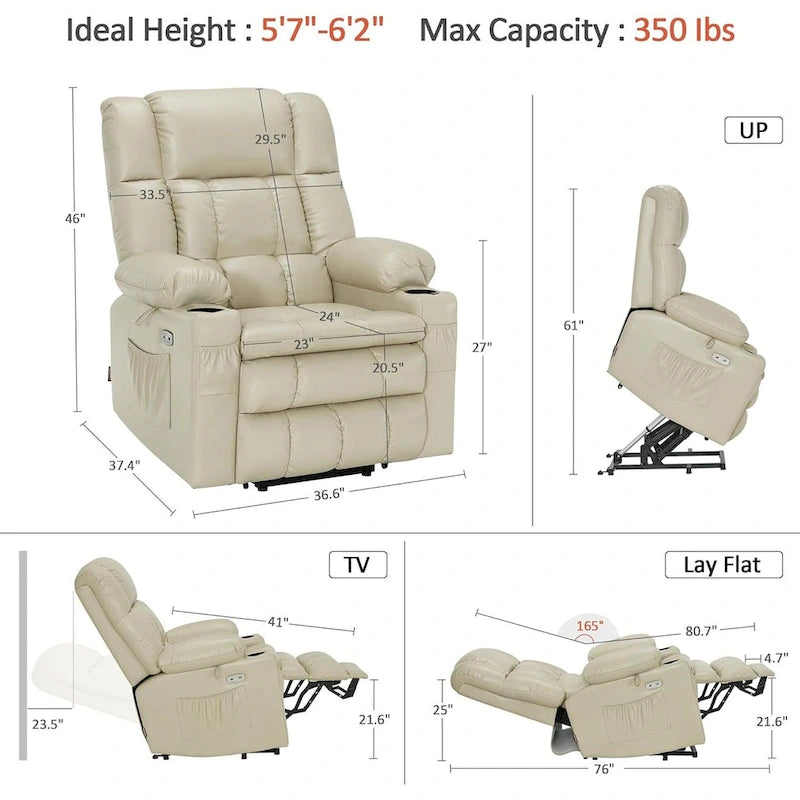 Grand fauteuil inclinable releveur électrique à deux moteurs avec massage et chaleur, en similicuir