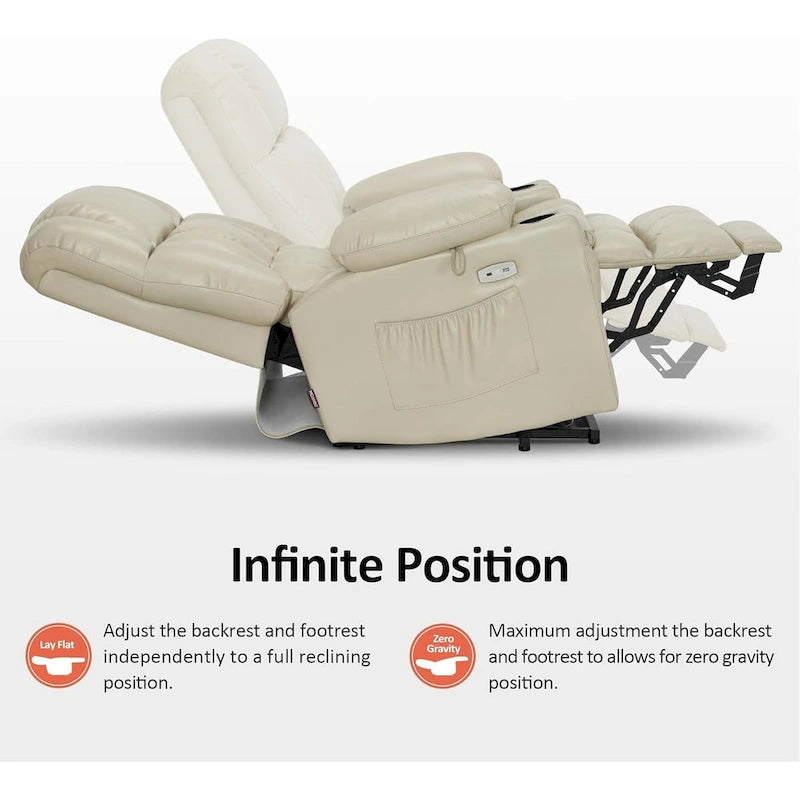 Grand fauteuil inclinable releveur électrique à deux moteurs avec massage et chaleur, en similicuir