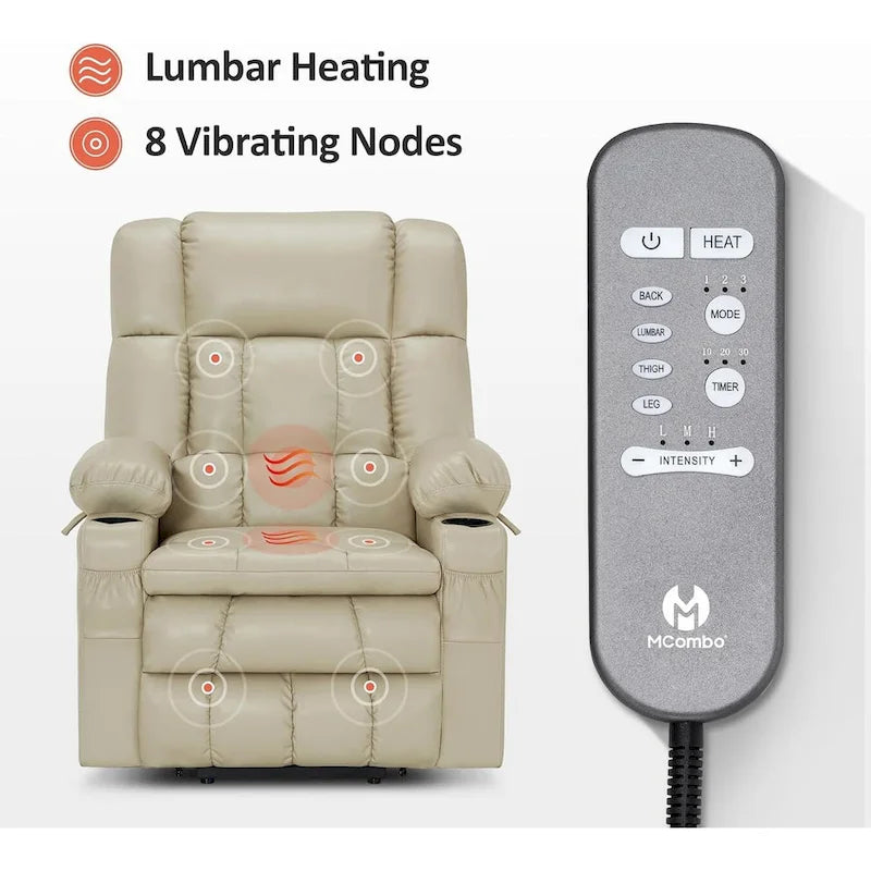 Grand fauteuil inclinable releveur électrique à deux moteurs avec massage et chaleur, en similicuir