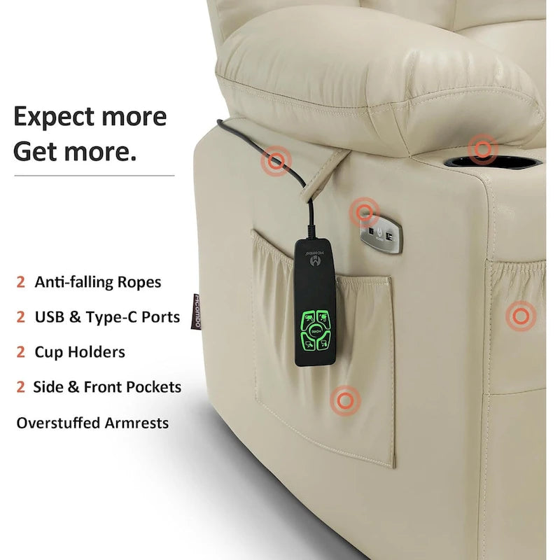 Grand fauteuil inclinable releveur électrique à deux moteurs avec massage et chaleur, en similicuir