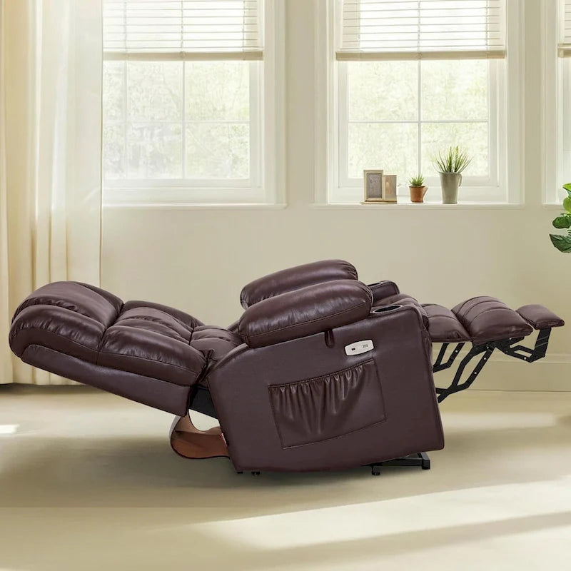 Grand fauteuil inclinable releveur électrique à deux moteurs avec massage et chaleur, en similicuir