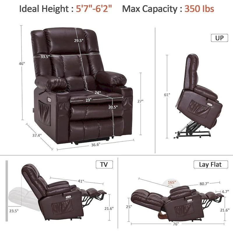 Grand fauteuil inclinable releveur électrique à deux moteurs avec massage et chaleur, en similicuir