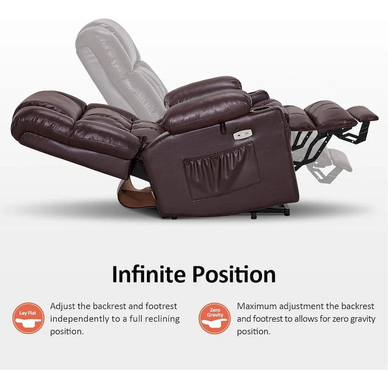 Grand fauteuil inclinable releveur électrique à deux moteurs avec massage et chaleur, en similicuir