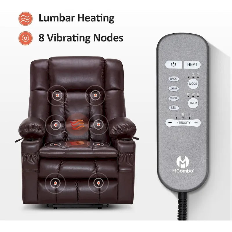 Grand fauteuil inclinable releveur électrique à deux moteurs avec massage et chaleur, en similicuir