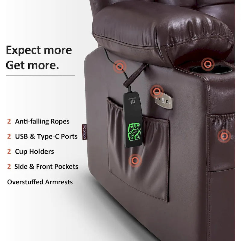 Grand fauteuil inclinable releveur électrique à deux moteurs avec massage et chaleur, en similicuir
