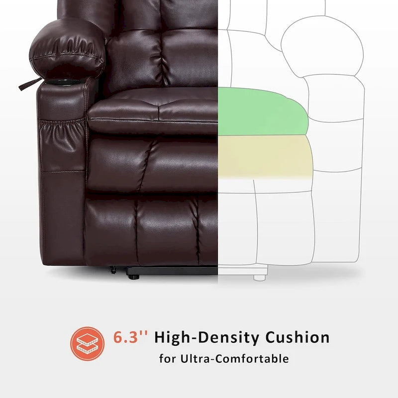 Grand fauteuil inclinable releveur électrique à deux moteurs avec massage et chaleur, en similicuir