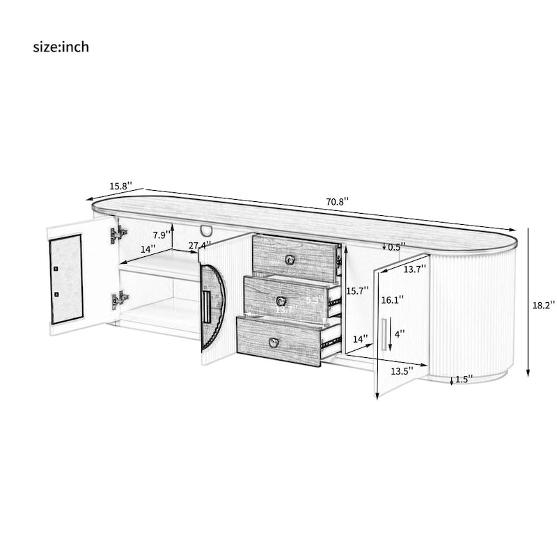Meuble TV de 180 cm avec 3 tiroirs et placard de rangement