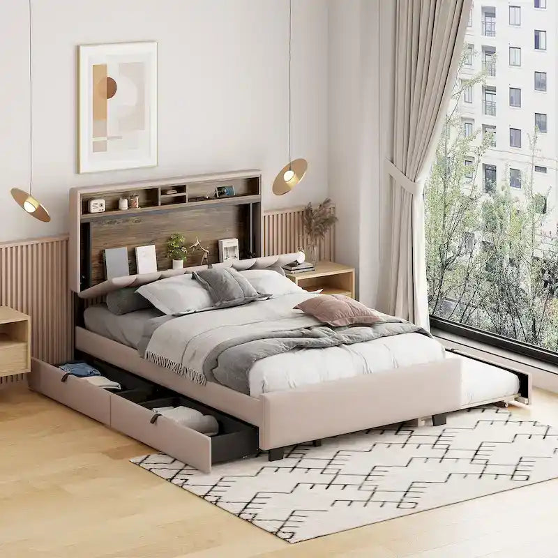Lit plateforme rembourré pleine grandeur beige avec tête de lit de rangement, lit gigogne Twin XL et 2 tiroirs