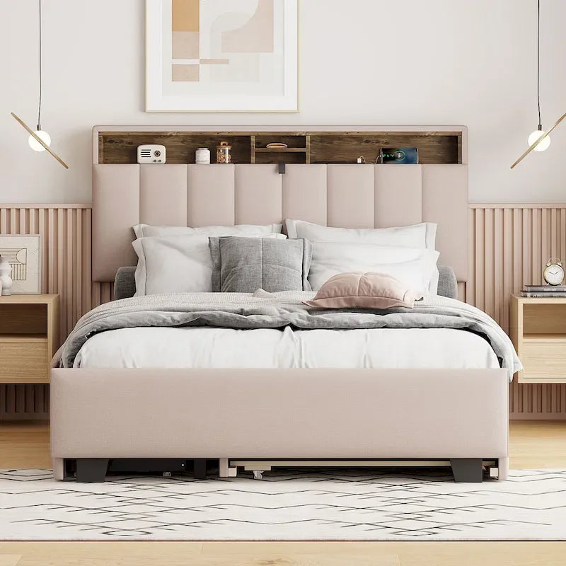 Lit plateforme rembourré pleine grandeur beige avec tête de lit de rangement, lit gigogne Twin XL et 2 tiroirs