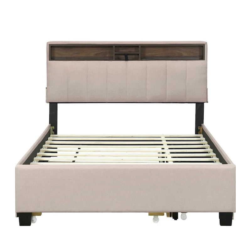 Beige Full Size Upholstered Platform Bed with Storage Headboard, Twin XL Trundle and 2 Drawers