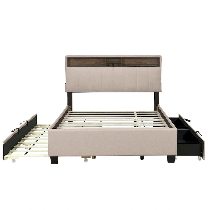 Beige Full Size Upholstered Platform Bed with Storage Headboard, Twin XL Trundle and 2 Drawers